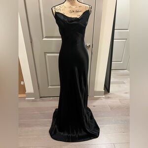 Size 14 long black satin dress with cowl like neckline